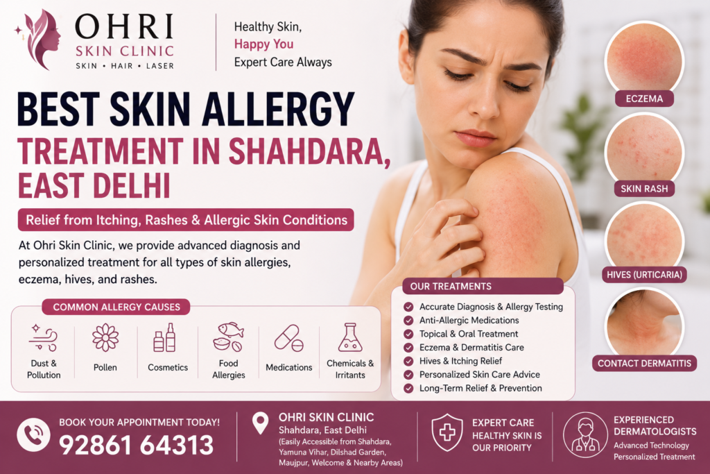 Best Skin Allergy Treatment in Shahdara, East Delhi by expert dermatologists at Ohri Skin Clinic for eczema, skin rashes, itching, contact dermatitis, and allergic skin conditions.